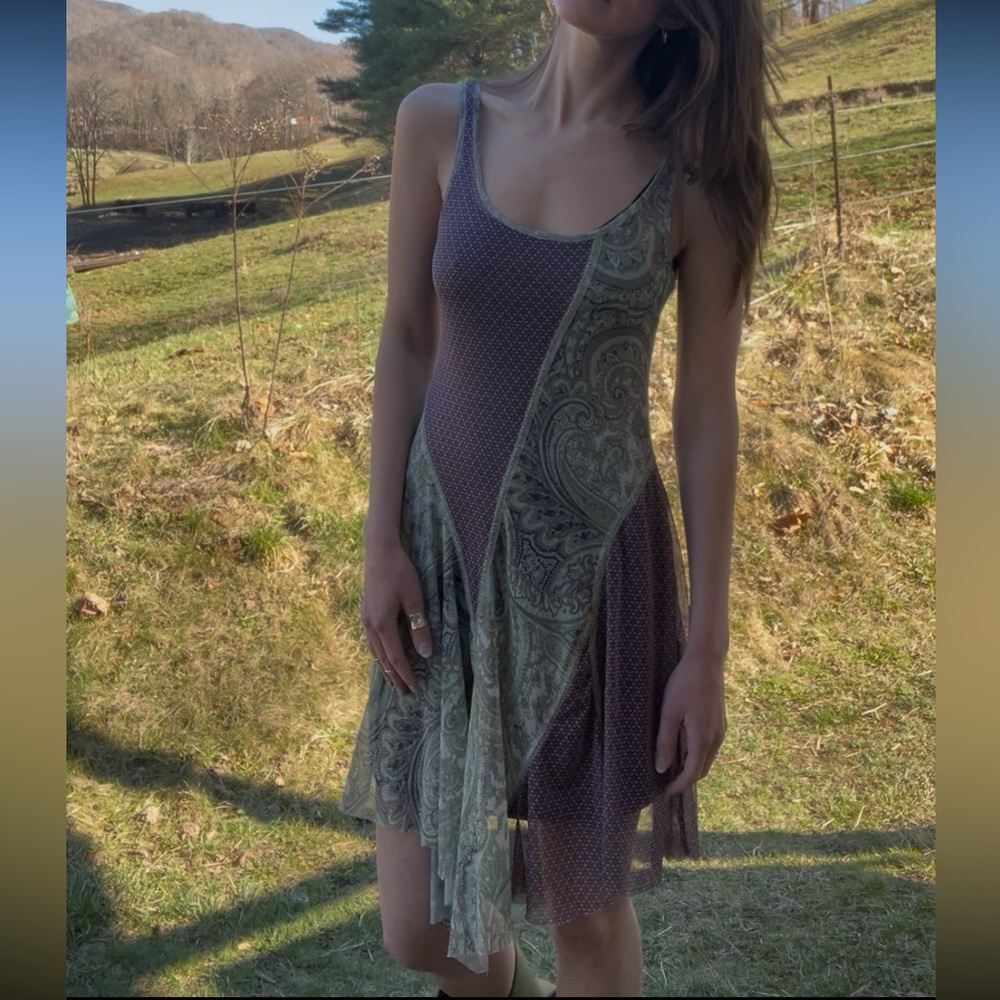 Fairy Grunge Patchwork Mini Dress in Plum & Sage, Like New, Size 2, Boho